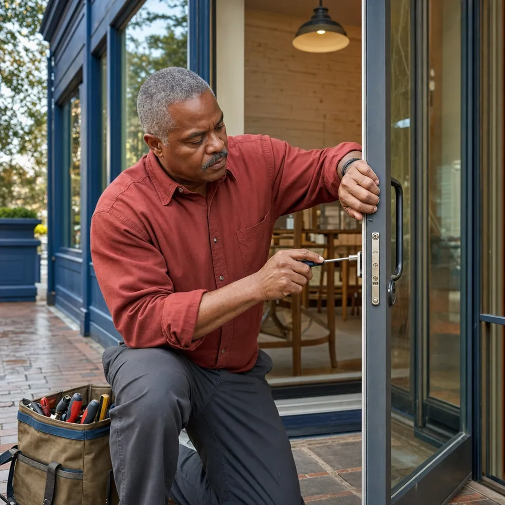 A locksmith working on the lock of an open glass storefront door