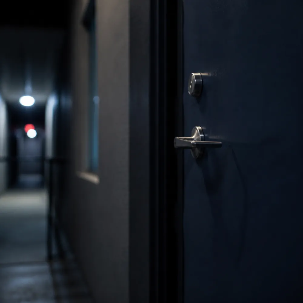 A brushed metal lever handle on a dark apartment door in a dim corridor