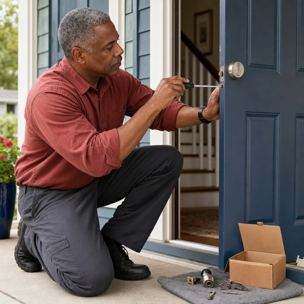 A locksmith fitting a new deadbolt on the open front door of a house
