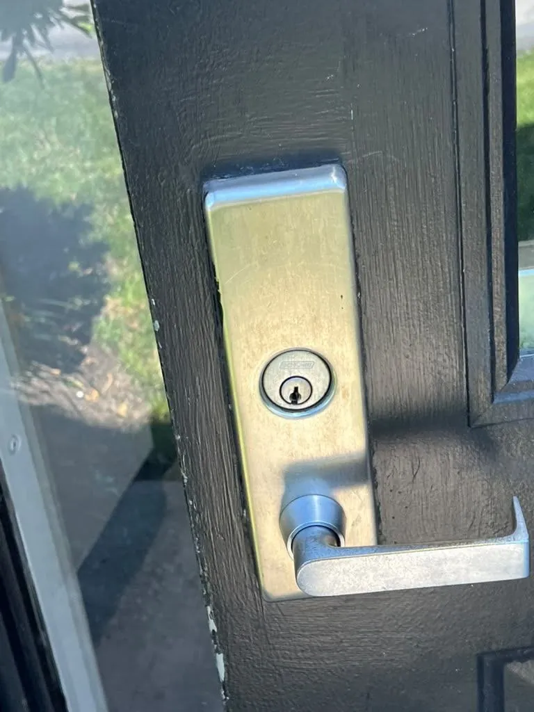 Close view of a lever handle and key cylinder on a commercial door.