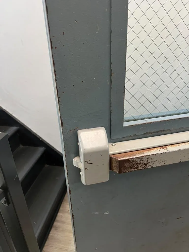 Panic bar on a grey commercial door with a wired glass panel.